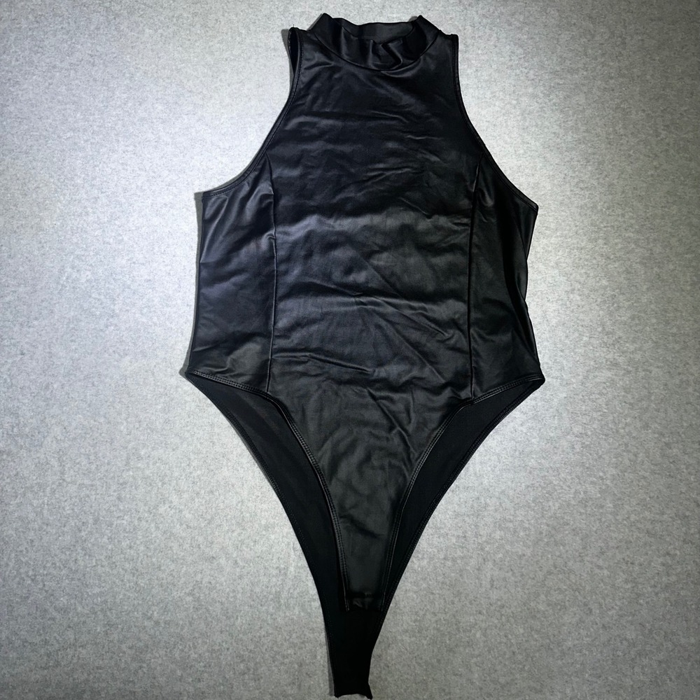 SHEIN Black Faux Leather Mock Neck Sleeveless Bodysuit XL 12 Thong Back 0049